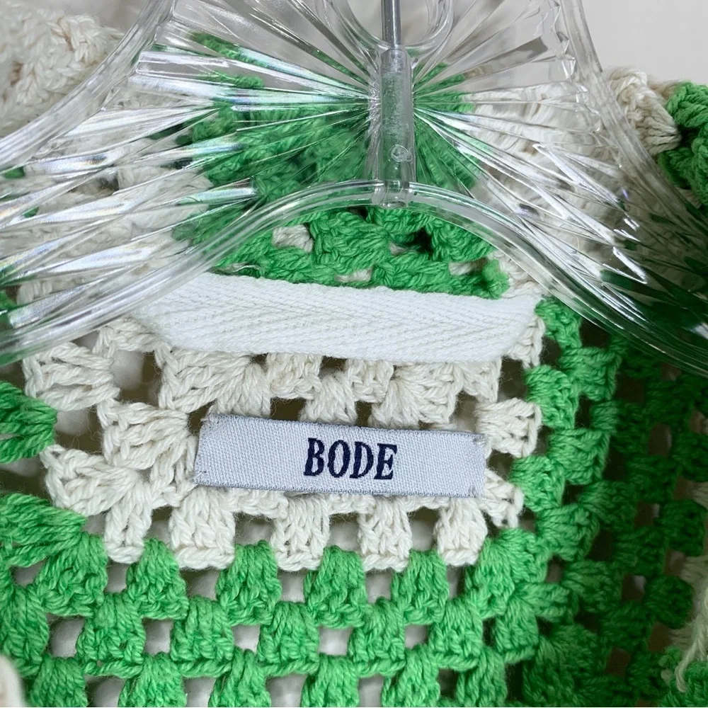 Bode Crochet Shirt (Sz S/M) Flagship Short Sleeve Button Up Striped Green Cream